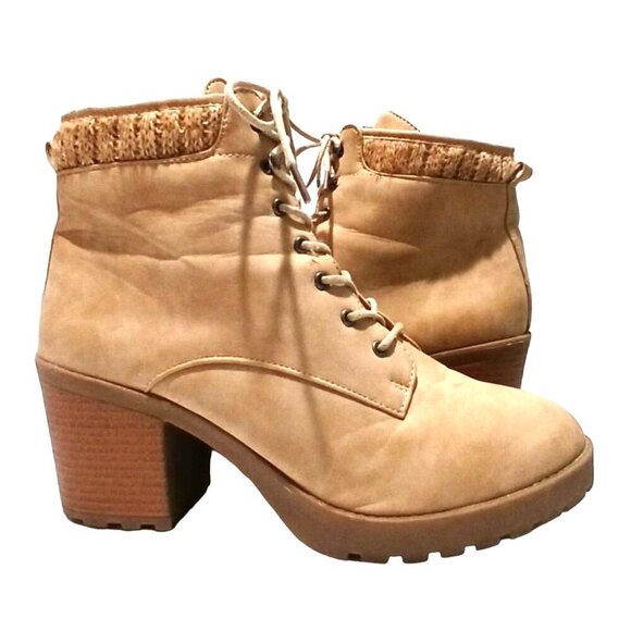 JustFab Shoes - Just Fab Ankle Boot Women 11 Tan Lace Up Chunky Heel Knit Cuff Faux Leather